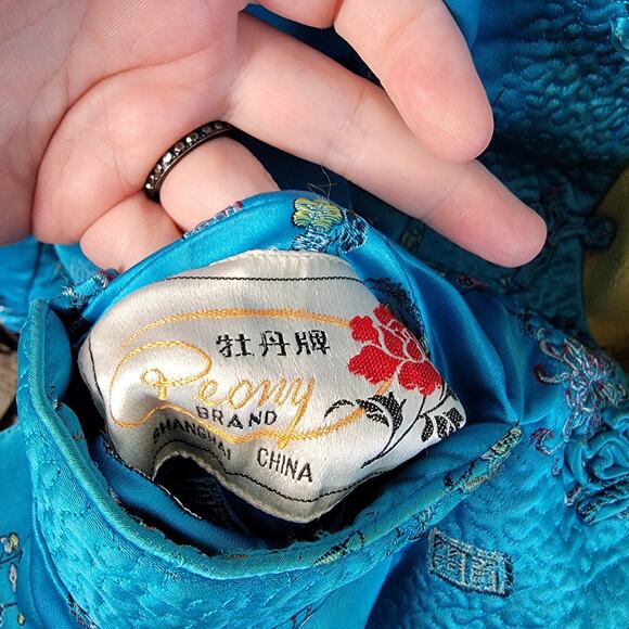 Vtg Peony Chinese Silk-Like Jacket Womens Small Blue Embroidered Mandarin Collar - Picture 5 of 12